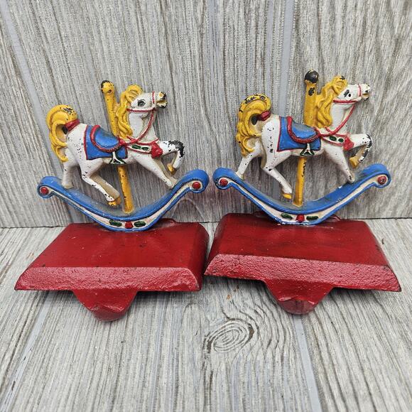 Vintage Cast Iron Rocking Horse Stocking Holders Set Christmas Decor Pair - Picture 1 of 8